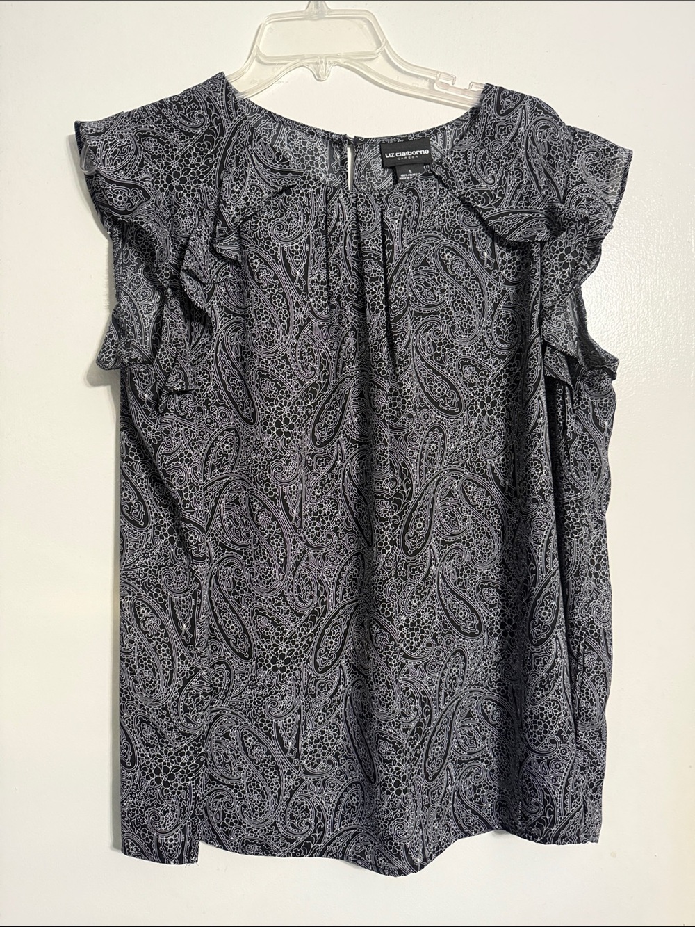 Liz Claiborne Black White Paisley Ruffle Short Sleeve Blouse
